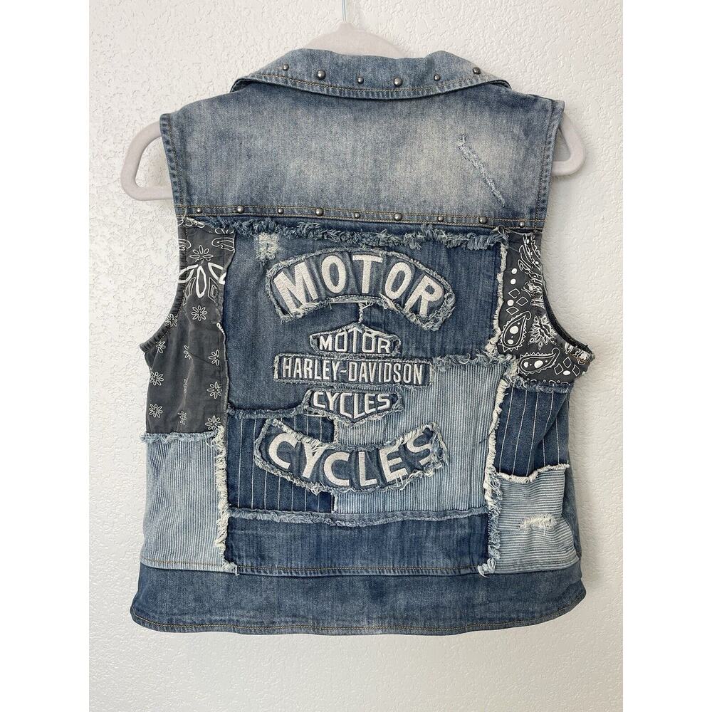 Vintage HARLEY DAVIDSON Motorcycle Women Large Vest Studded Denim Blue Jean RARE